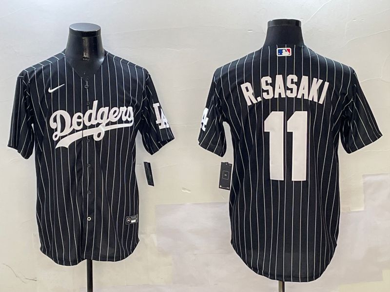 Men Los Angeles Dodgers #11 R.Sasaki Black Stripe Jointly Name 2025 Nike MLB Jersey style 1